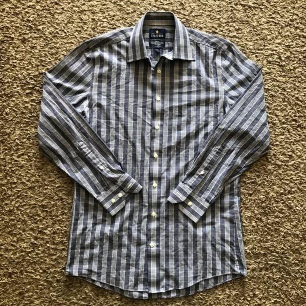 Stafford Travel Easy-Care broadcloth dress shirt gray and white plaid